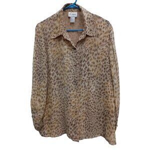 Linea By Louis Dell'Olio Top Womens Large Brown Animal Print Silk Long Sleeve